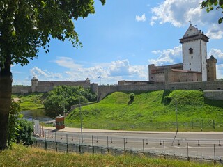 View of Narva Castle in Estonia and Ivangorod Castle in Russia separated by the border - 766363842
