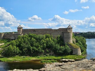 View of Ivangorod Castle in Russia separated from Europe by the border of the Narva River - 766363850