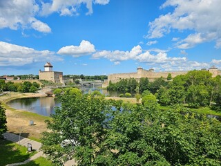 View of Narva Castle in Estonia and Ivangorod Castle in Russia separated by the border - 766363851