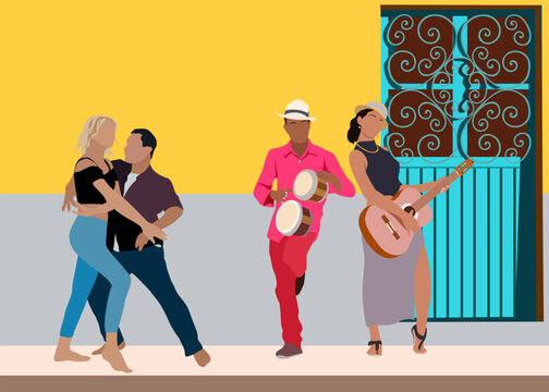 Latina dance. Cuban Musicians and Dancers in salsa, bachata or tango poses dancing on the old street of Habana. Cartoon flat vector illustration.