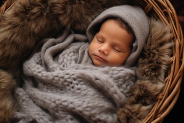 A newborn baby is comfortably nestled in a basket, wrapped snugly in a soft blanket. The baby appears calm and content, peacefully sleeping in this cozy setup