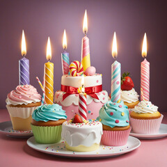 Set of cute birthday cakes isolated on transparent background colorful background