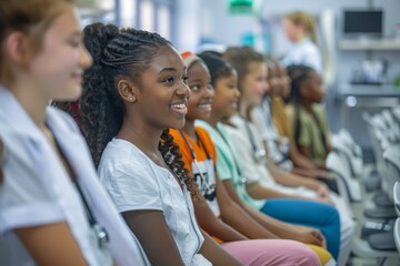 Smiling Diverse Young Students in Computer Lab Classroom Enjoying Learning