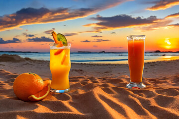 A refreshing glass of vibrant orange juice, beside a ripe orange fruit