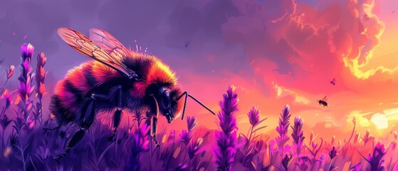  A painting of a bee among purple flowers, bathed in a warm sunset - obrazy, fototapety, plakaty