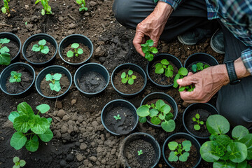 Garden Planting: man planting seeds seedlings in a garden, preparing for a season of growth and abundance. - obrazy, fototapety, plakaty