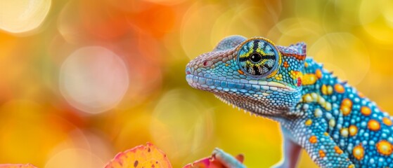  A photo of a brightly-colored chameleon perched on a leafy branch, with soft focus on the chameleon and out-of-focus foliage