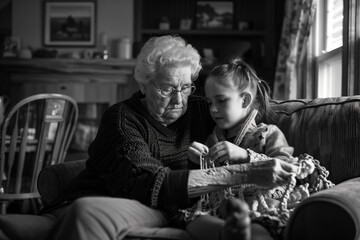 Obraz premium Grandmother Crocheting a Scarf with Granddaughter Watching on the Couch