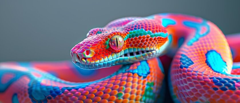  A detailed photo of a vibrant snake, exhibiting a striking blue-orange body design, with its head clearly in focus