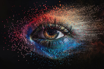 Multicolored Particles Arranged to Form an Eye Shape Against a Black Background