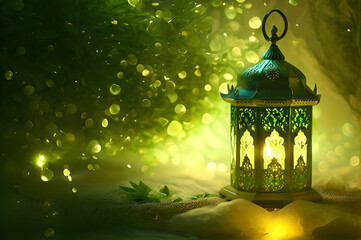 bokeh islamic green fantasy style lantern Ramadan frame wallpaper