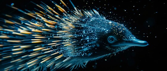  A close-up image of a porcupine's head, covered in water droplets