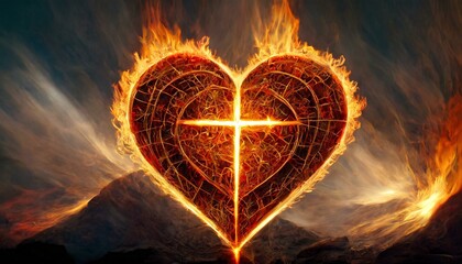 Heart burns in fire in the middle a cross - obrazy, fototapety, plakaty