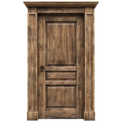 Weathered wooden door flanked by ornate columns, cut out