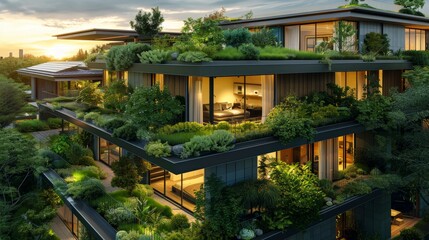 Sustainable Modern Residential Area with Solar-Powered Homes and Green Roofs Generative AI