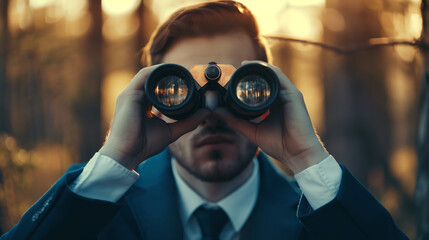  A man in a suit holding binoculars,looking through the lens. spy or spying. Corporate espionage. Bird watching. Looking into the distance. watching trends.