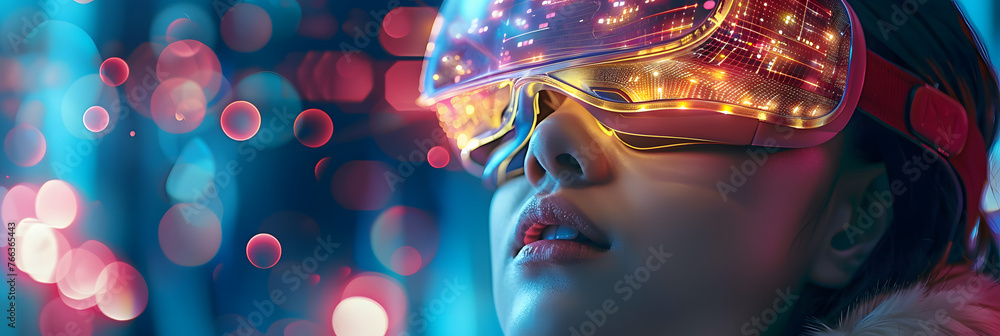 Poster girl wearing virtual reality glasses with a vr head unit shrouded in digital data and neural network