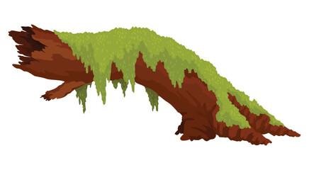 Log, stump in moss. Cartoon tree lichen in swamp jungle. Broken oak in tropical damp forest. Isolated vector design element on white background - obrazy, fototapety, plakaty