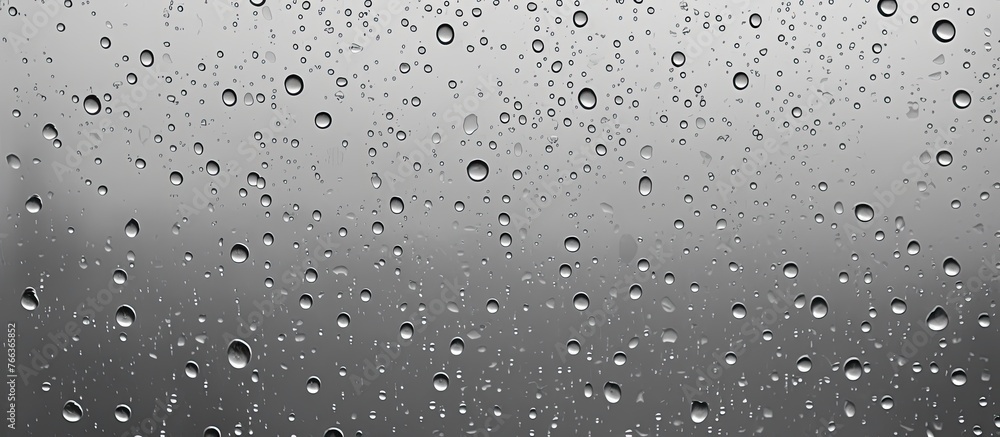 Poster close up view of a window with rain drops on the surface, creating a serene and tranquil atmosphere