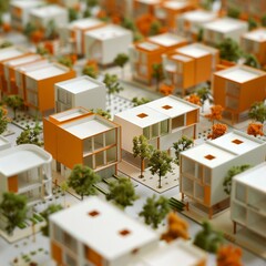 Fototapeta na wymiar architectural block model, community living, orange white and green colours, small block buildings, majorly whites,