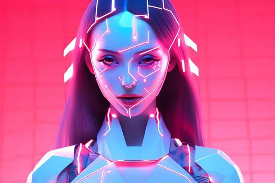 Geometric-style Neon Glow Featuring an Asian Cyborg