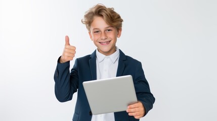 Naklejka premium Portrait of a caucasian boy showing thumbs up, kid is smiling, white background.