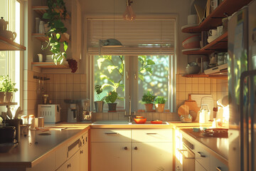 sunny kitchen haven basking in morning light - obrazy, fototapety, plakaty