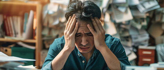 A man holding his head with both hands and looking distressed. Mental health issues from work-related stress tax issue and duties.