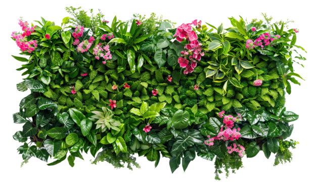 Green garden wall from tropical plants and flowers, cut out