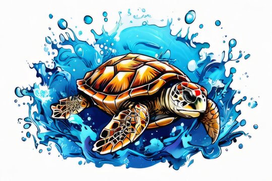 Serene turtle gracefully swimming through water amidst trail of bubbles. For fashion, clothing design, animal themed clothing advertising, as illustration for interesting clothing style,Tshirt design.