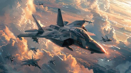 Powerful Military Fighter Jets Engaging in Intense Aerial Maneuvers Above Dramatic Cloudy Skies - obrazy, fototapety, plakaty