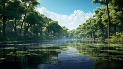 A panoramic view of a tranquil forest lake, with dense green foliage reflecting on the still water's surface.