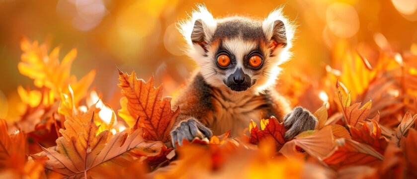  A macro photo captures a tiny creature amidst foliage, its striking orange gaze piercing the image