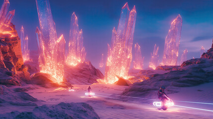 A surreal, neon-lit desert with giant crystal formations emitting light, and a traveler on a glowing hoverbike speeding across the sands. - obrazy, fototapety, plakaty