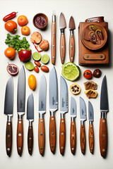 Chef's Culinary Tools: Set of knives isolated on white background. Flat lay.