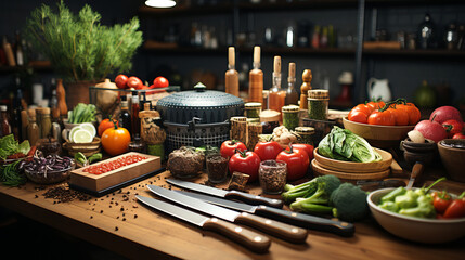 Chef's Culinary Tools: Close-up of knives, pans, and utensils surrounded by food ingredients. - obrazy, fototapety, plakaty
