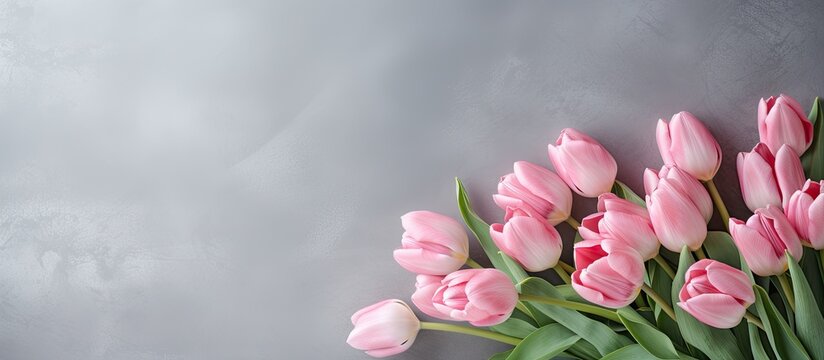 Numerous pink tulips arranged on a plain gray background, creating a colorful and vibrant display