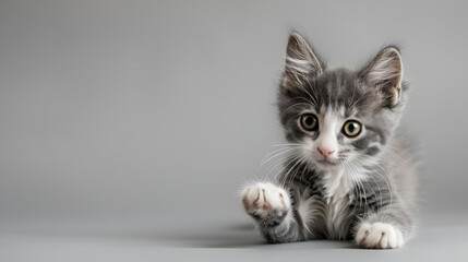 frisky gray-and-white kitten in a studio photo, gazing ahead with its front paw raised on a light gray backdrop. - obrazy, fototapety, plakaty