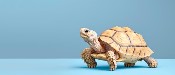  Small tortoise on blue surface against light blue background