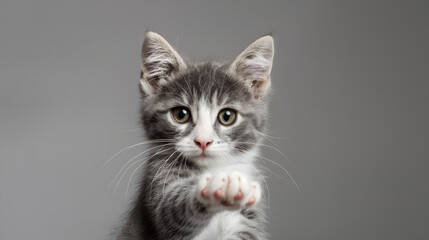 Obraz premium frisky gray-and-white kitten in a studio photo, gazing ahead with its front paw raised on a light gray backdrop.