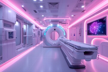 A modern medical imaging room with state-of-the-art MRI scanner, illuminated with calming pink lights for patient ease