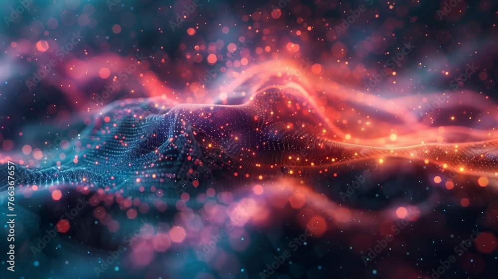 Poster abstract digital landscape of glowing particle waves with bokeh lights, conceptual background for te