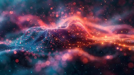 Abstract digital landscape of glowing particle waves with bokeh lights, conceptual background for technology, data science, or artificial intelligence