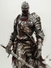Zombie knight, isolated on a clean soft white background, his armor etched with tales of lost enlightenment, 
