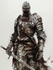 Fototapeta premium Zombie knight, isolated on a clean soft white background, his armor etched with tales of lost enlightenment, 
