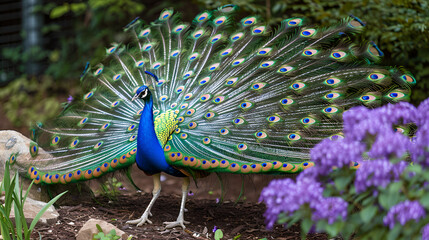 Obraz premium Peacock with its feathers spread out standing in front of bush with purple flowers 