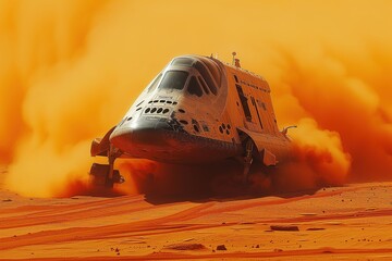 An imagined spacecraft has landed on the desolate, fiery orange surface of Mars under a hazy sky - obrazy, fototapety, plakaty