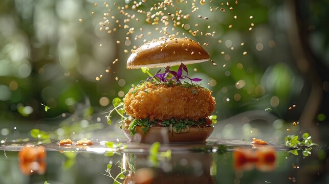 Soaking Wet Burger with Splashing Water Droplets in Vibrant Natural Environment