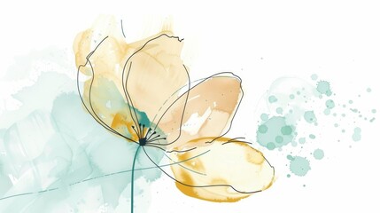 Abstract minimalistic scandinavian botanical art with warm color tones. A delicate composition of floral and foliage elements intertwined with abstract warm colored shapes and subtle brushstrokes