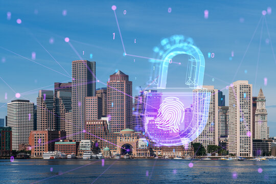 Boston skyline with a holographic fingerprint overlay, photomontage on a daytime cityscape background. Cybersecurity and technology concept. Double exposure - Powered by Adobe